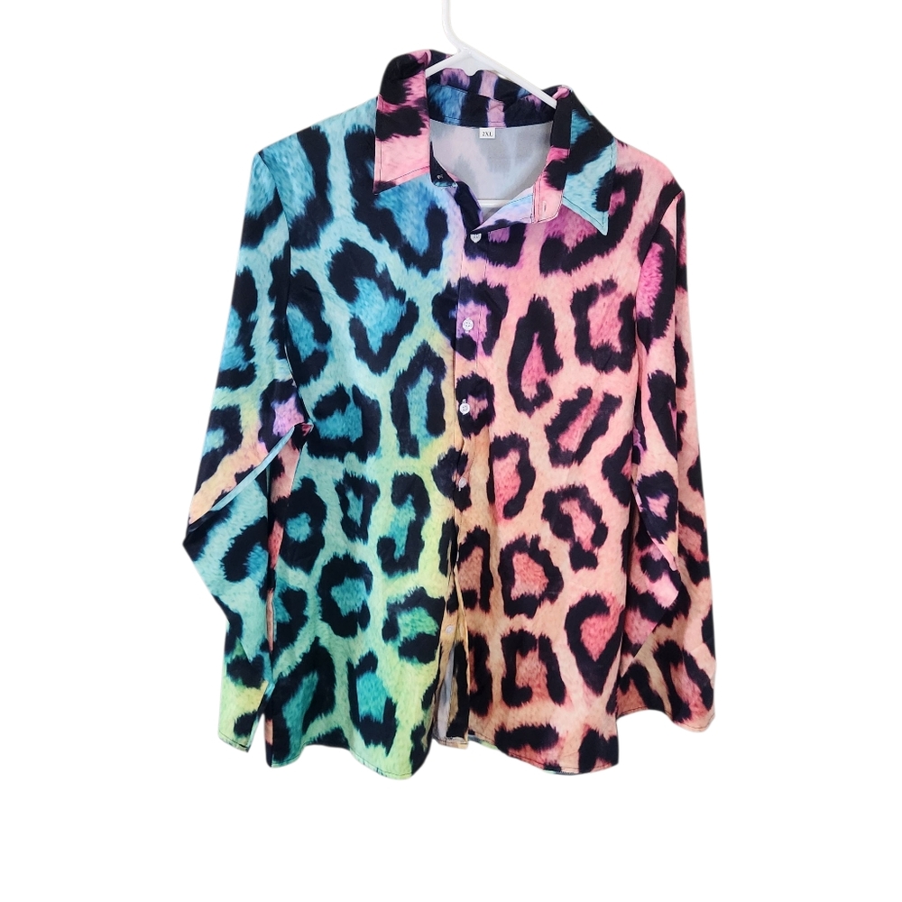 Green, Orange, Blue, & Black Colorful Leopard Print Button-Up Shirt.